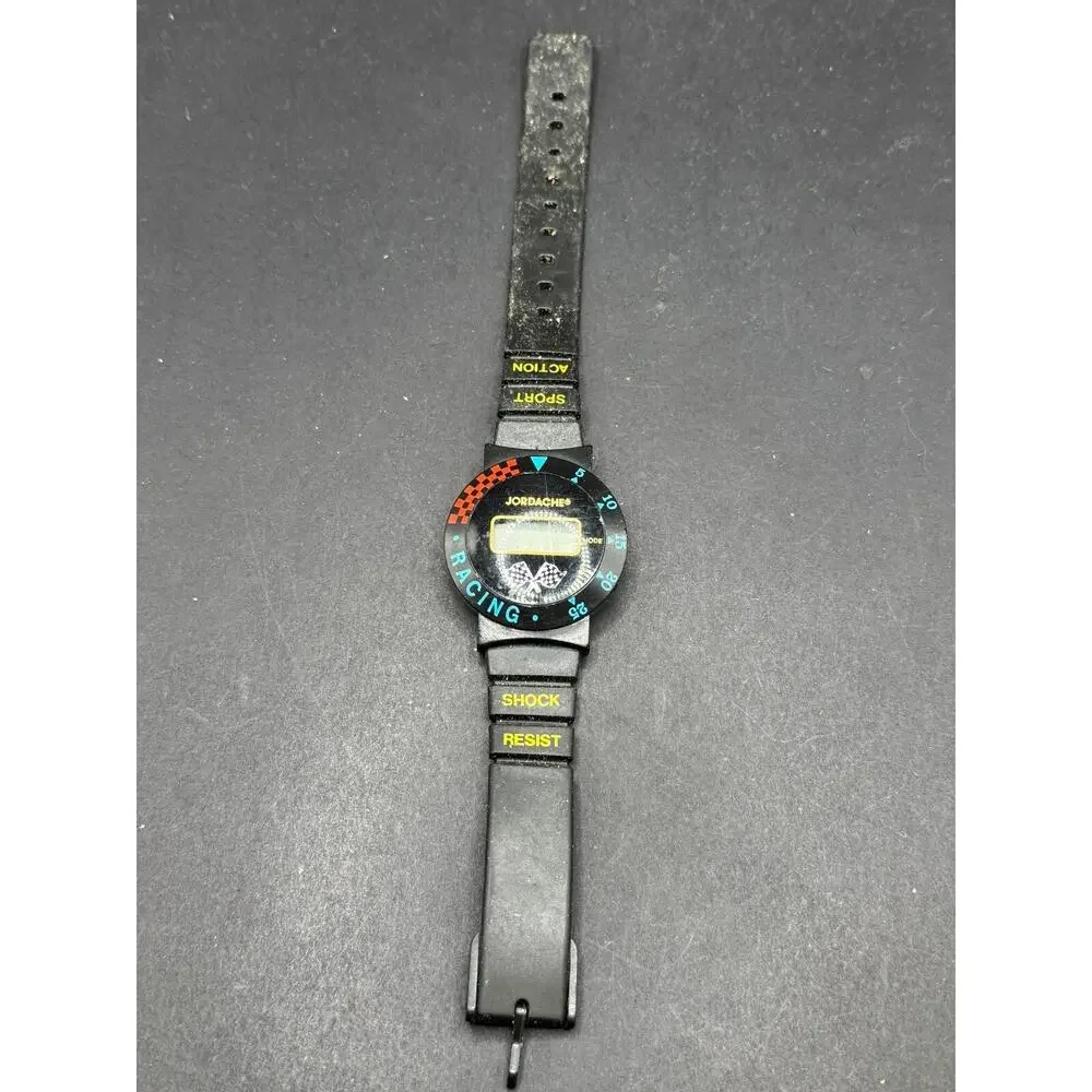Vintage Rare Jordache Sport Racing Checkered Flag Bezel Digital Watch Black Band